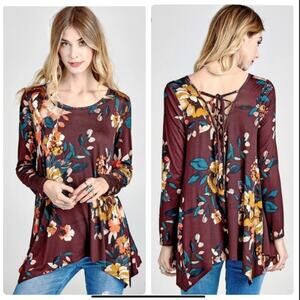 Oddy Floral Top Lace Up Back Hankey Hem Long Sleeve Flowy Sharkbite High Low M